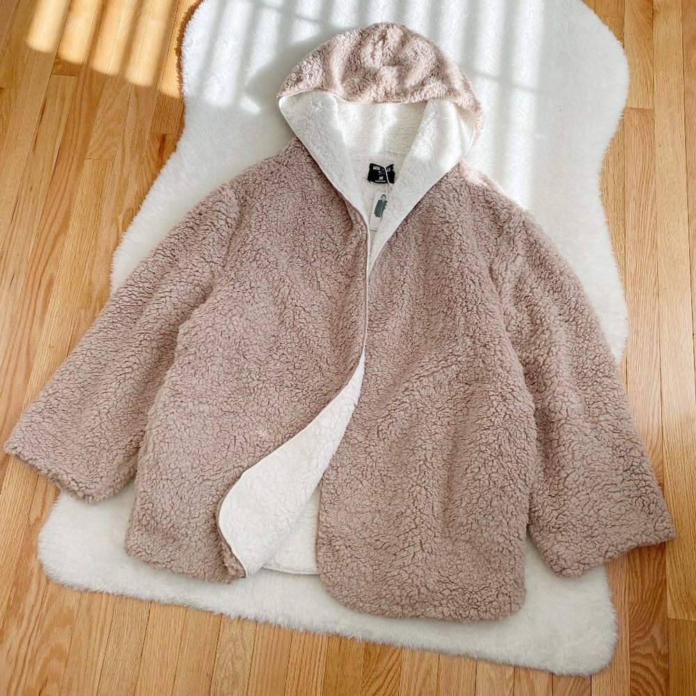 Hooded Reversible Soft Sherpa Teddy Bear Sweater Coat, Pink/White, Size 2X/3X